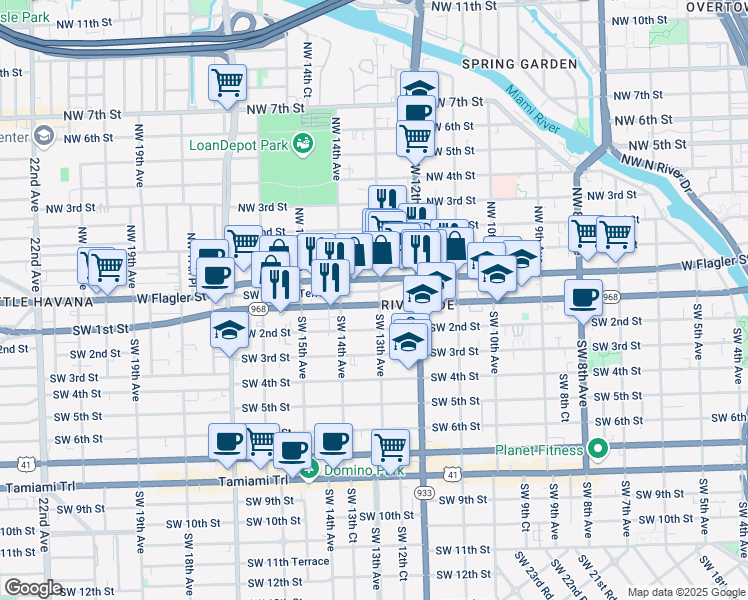 map of restaurants, bars, coffee shops, grocery stores, and more near 1316 West Flagler Street in Miami