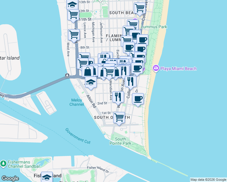 map of restaurants, bars, coffee shops, grocery stores, and more near 325 Meridian Avenue in Miami Beach