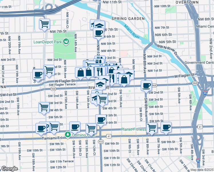 map of restaurants, bars, coffee shops, grocery stores, and more near 1111 Southwest 1st Street in Miami