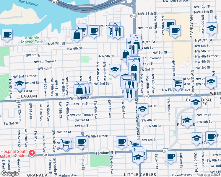 map of restaurants, bars, coffee shops, grocery stores, and more near 127 Northwest 44th Avenue in Miami
