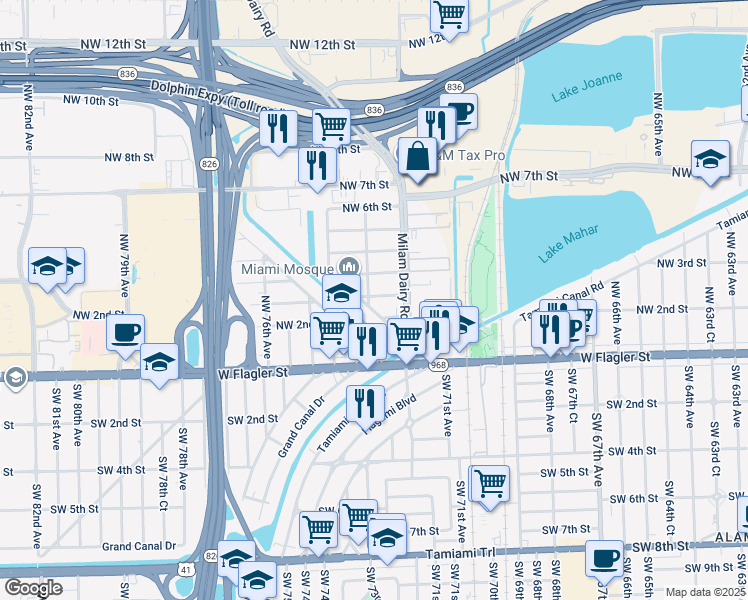 map of restaurants, bars, coffee shops, grocery stores, and more near 7231 Northwest 2nd Terrace in Miami