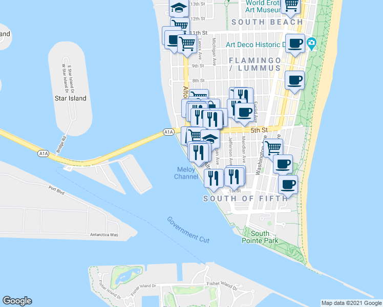 map of restaurants, bars, coffee shops, grocery stores, and more near 400 Alton Road in Miami Beach