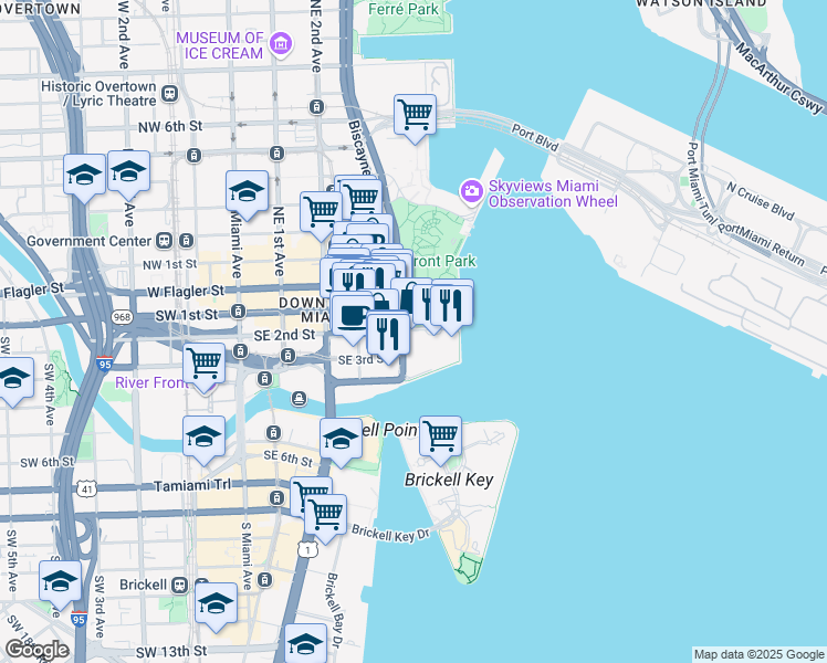 map of restaurants, bars, coffee shops, grocery stores, and more near 120 South Biscayne Boulevard in Miami