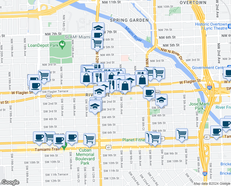 map of restaurants, bars, coffee shops, grocery stores, and more near 30 Southwest 11th Avenue in Miami