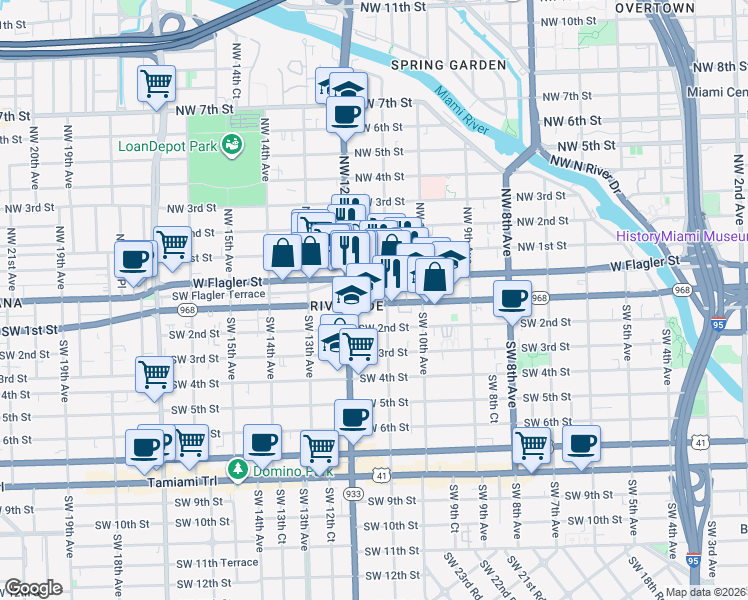 map of restaurants, bars, coffee shops, grocery stores, and more near in Miami