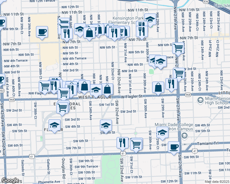 map of restaurants, bars, coffee shops, grocery stores, and more near 50 Northwest 32nd Avenue in Miami
