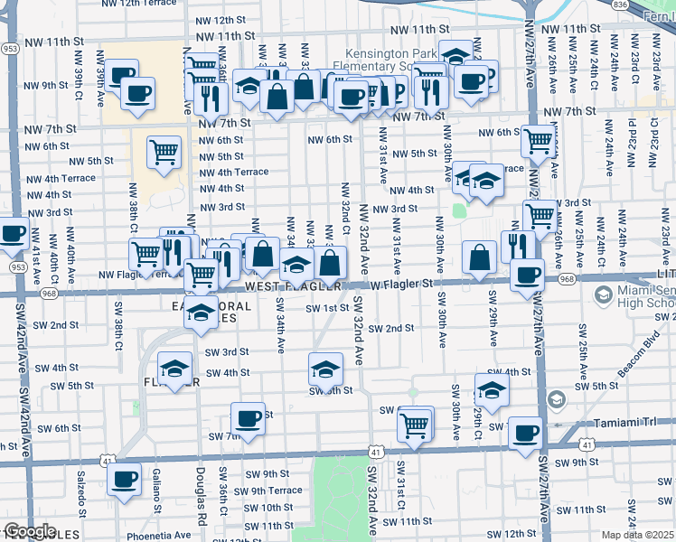 map of restaurants, bars, coffee shops, grocery stores, and more near 50 Northwest 32nd Avenue in Miami