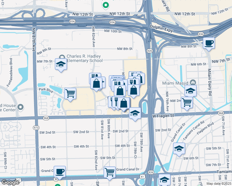 map of restaurants, bars, coffee shops, grocery stores, and more near 7917 Northwest 2nd Street in Miami