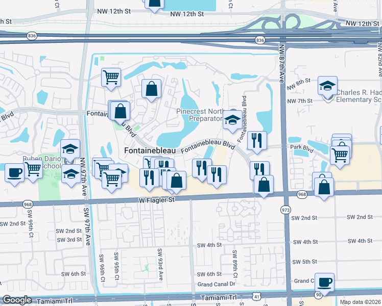 map of restaurants, bars, coffee shops, grocery stores, and more near 9120 Fontainebleau Boulevard in Doral