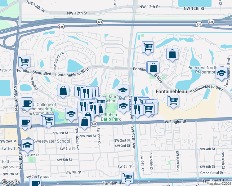map of restaurants, bars, coffee shops, grocery stores, and more near 442 Northwest 97th Place in Miami