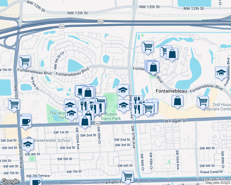 map of restaurants, bars, coffee shops, grocery stores, and more near 442 Northwest 97th Place in Miami