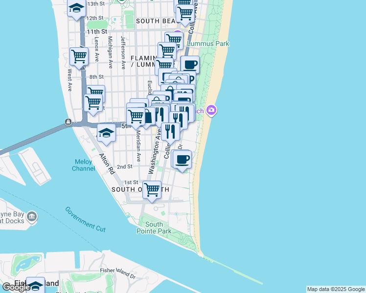 map of restaurants, bars, coffee shops, grocery stores, and more near 345 Ocean Drive in Miami Beach