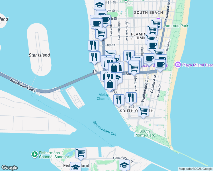 map of restaurants, bars, coffee shops, grocery stores, and more near 400 Alton Road in Miami Beach