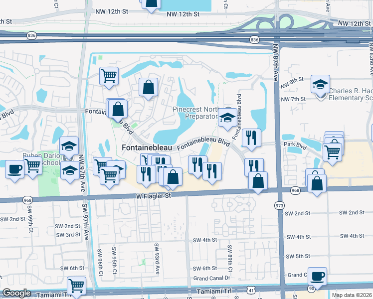 map of restaurants, bars, coffee shops, grocery stores, and more near 9120 Fontainebleau Boulevard in Doral