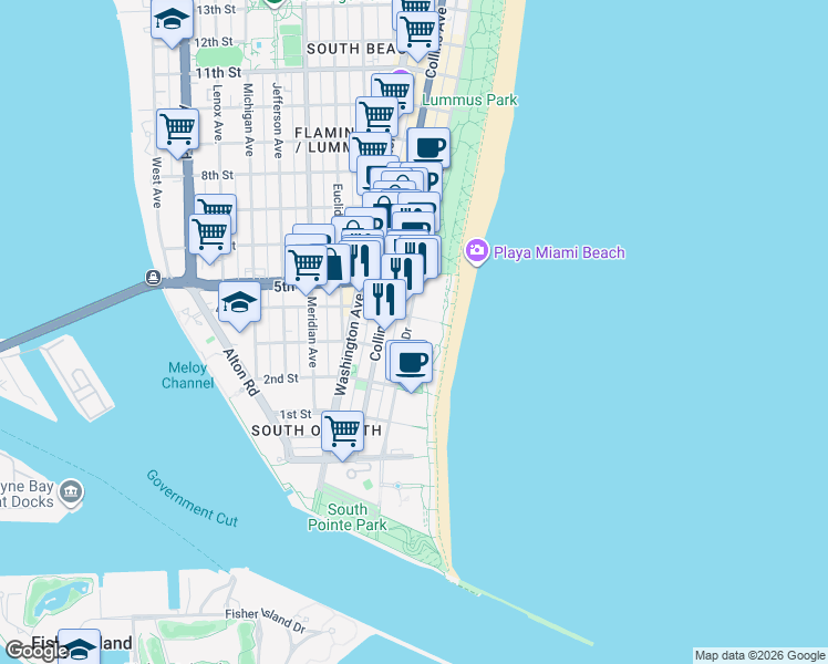 map of restaurants, bars, coffee shops, grocery stores, and more near in Miami Beach