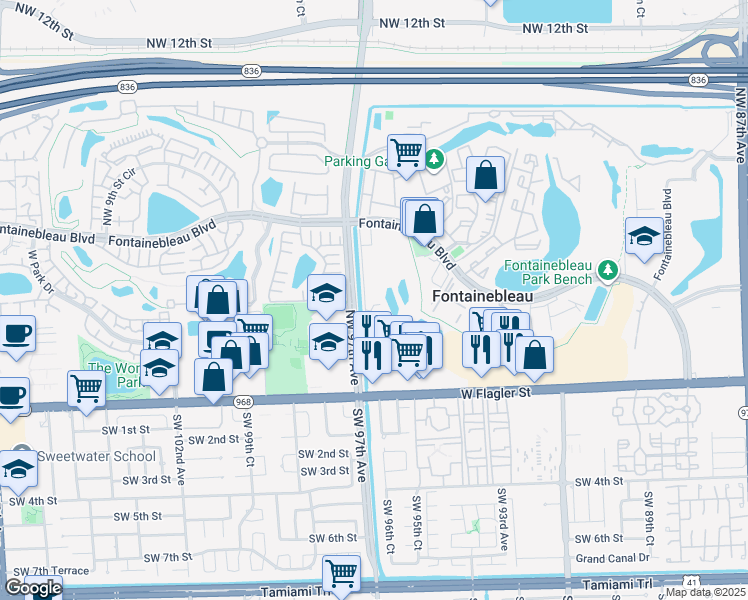 map of restaurants, bars, coffee shops, grocery stores, and more near 9686 Fontainebleau Boulevard in Miami