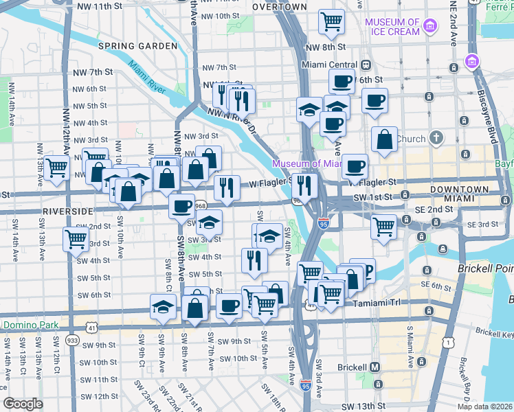 map of restaurants, bars, coffee shops, grocery stores, and more near 500 Southwest 1st Street in Miami