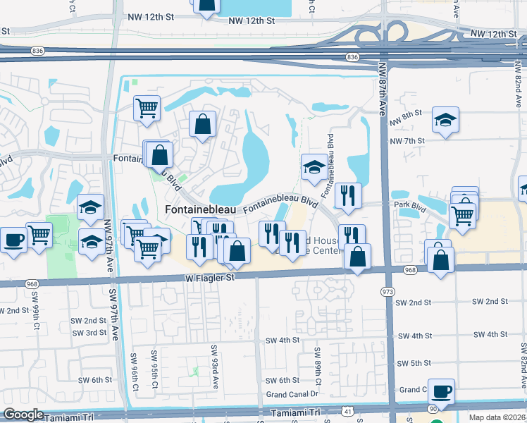 map of restaurants, bars, coffee shops, grocery stores, and more near 9120 Fontainebleau Boulevard in Doral