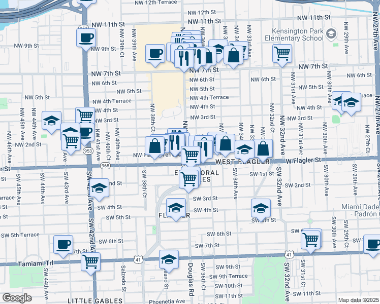 map of restaurants, bars, coffee shops, grocery stores, and more near 87 Northwest 36th Court in Miami