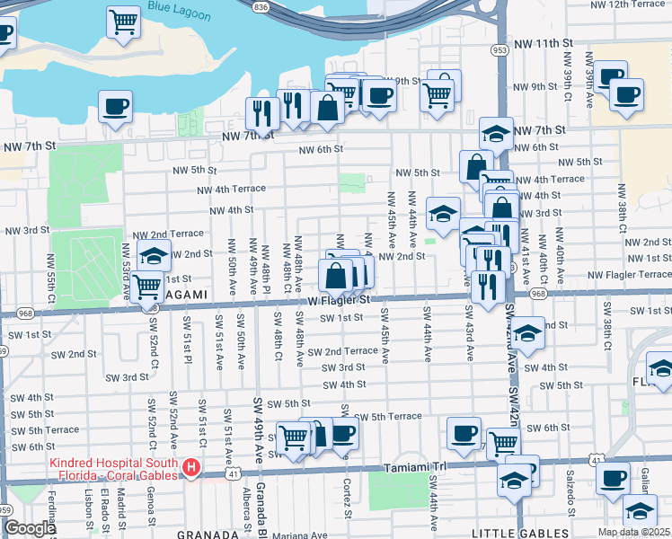 map of restaurants, bars, coffee shops, grocery stores, and more near 4717 Northwest 1st Street in Miami