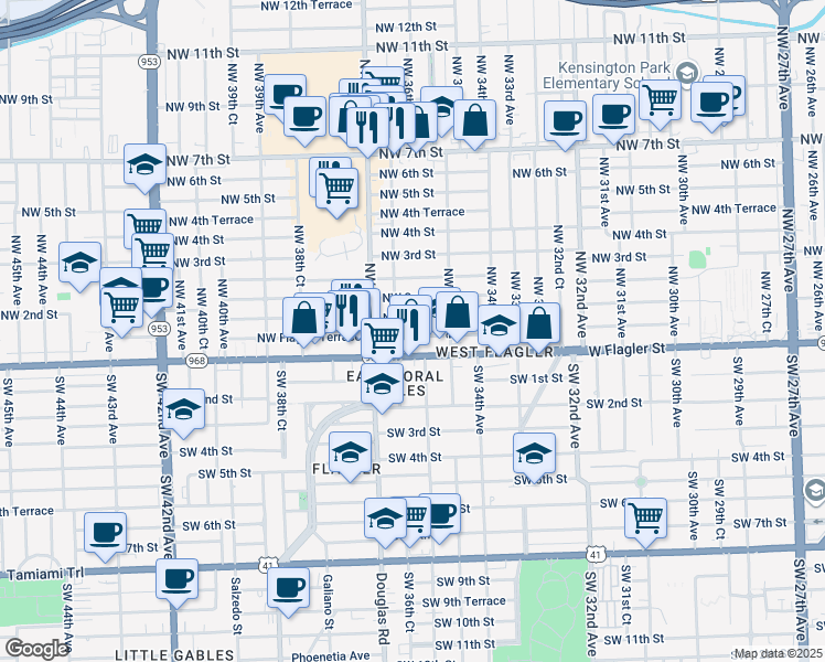 map of restaurants, bars, coffee shops, grocery stores, and more near 87 Northwest 36th Court in Miami