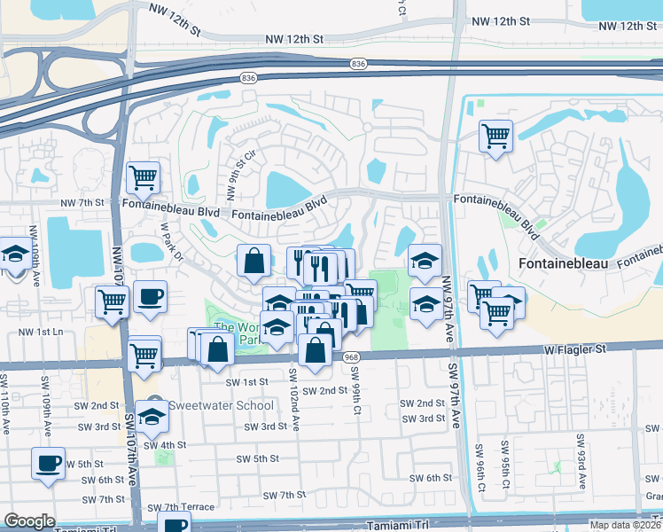 map of restaurants, bars, coffee shops, grocery stores, and more near 10022 Northwest 7th Street in Miami