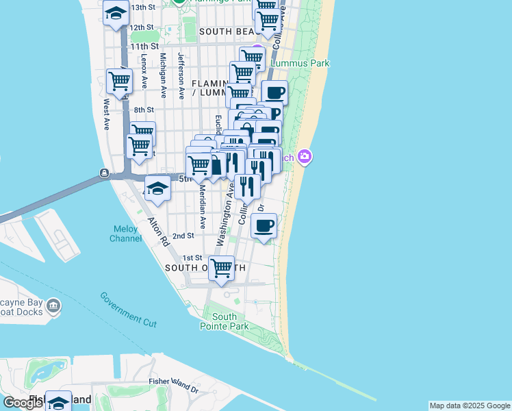 map of restaurants, bars, coffee shops, grocery stores, and more near 334 Ocean Drive in Miami Beach