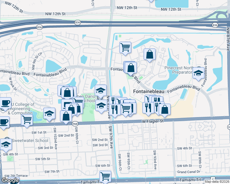map of restaurants, bars, coffee shops, grocery stores, and more near 9686 Fontainebleau Boulevard in Miami