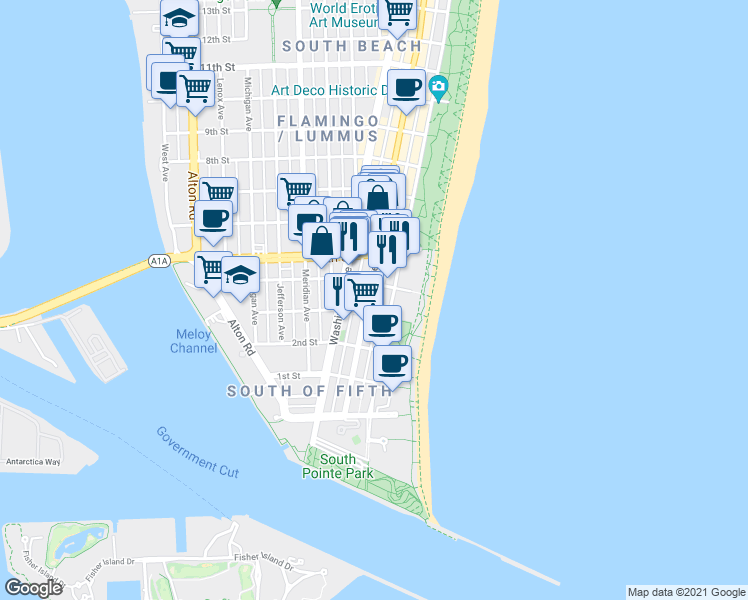 map of restaurants, bars, coffee shops, grocery stores, and more near in Miami Beach