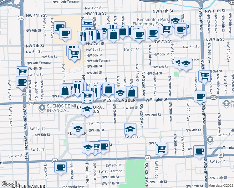 map of restaurants, bars, coffee shops, grocery stores, and more near 3434 Northwest 1st Street in Miami