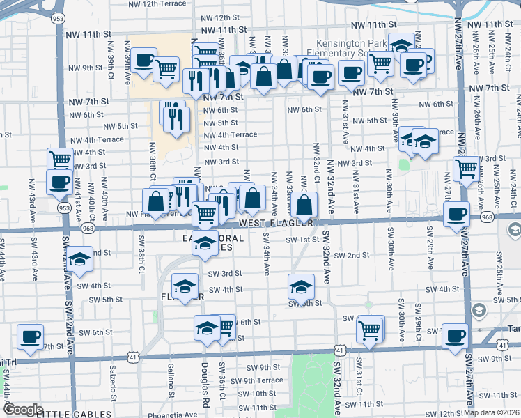 map of restaurants, bars, coffee shops, grocery stores, and more near 3434 Northwest 1st Street in Miami