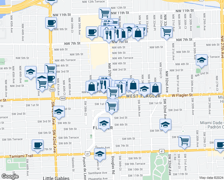 map of restaurants, bars, coffee shops, grocery stores, and more near 87 Northwest 36th Court in Miami