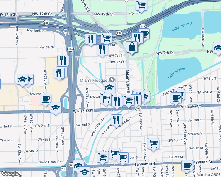 map of restaurants, bars, coffee shops, grocery stores, and more near 281 Northwest Drive in Miami