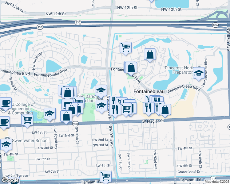 map of restaurants, bars, coffee shops, grocery stores, and more near 9686 Fontainebleau Boulevard in Miami