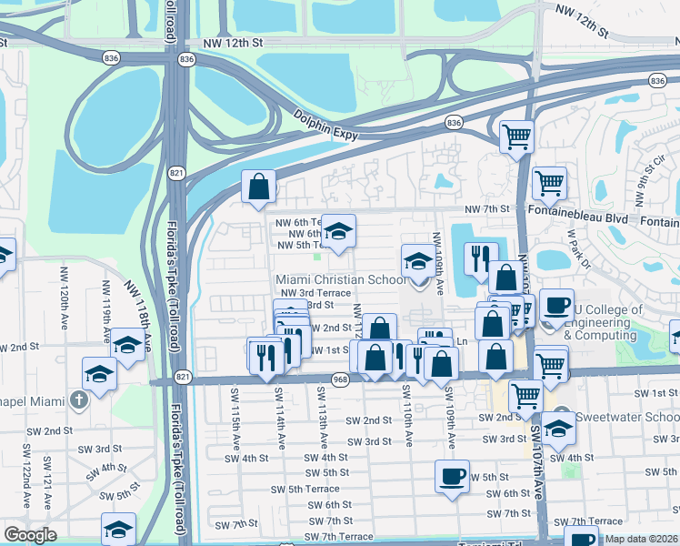 map of restaurants, bars, coffee shops, grocery stores, and more near 11161 Northwest 4th Terrace in Miami