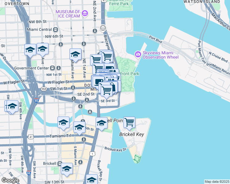 map of restaurants, bars, coffee shops, grocery stores, and more near 126 Biscayne Boulevard in Miami