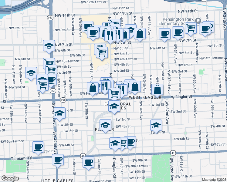 map of restaurants, bars, coffee shops, grocery stores, and more near 87 Northwest 36th Court in Miami