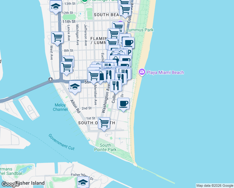 map of restaurants, bars, coffee shops, grocery stores, and more near in Miami Beach