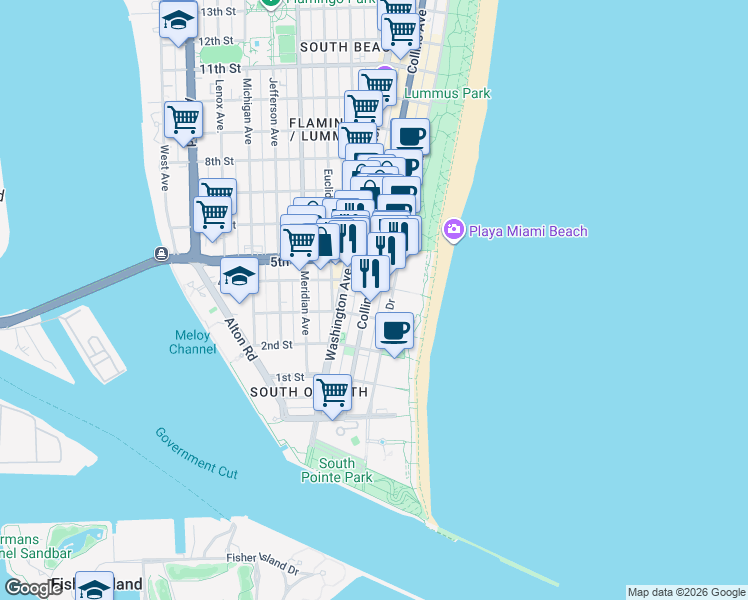 map of restaurants, bars, coffee shops, grocery stores, and more near in Miami Beach