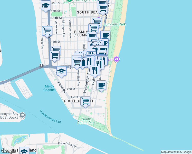 map of restaurants, bars, coffee shops, grocery stores, and more near 345 Collins Avenue in Miami Beach