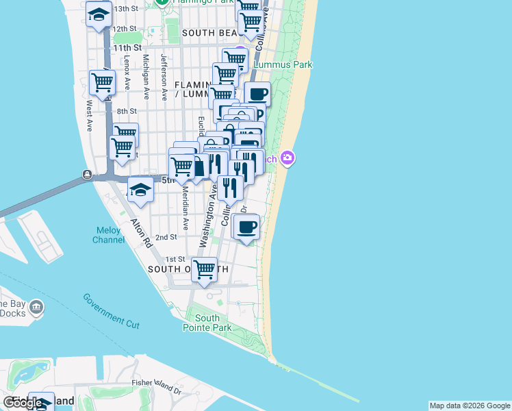 map of restaurants, bars, coffee shops, grocery stores, and more near 345 Ocean Drive in Miami Beach
