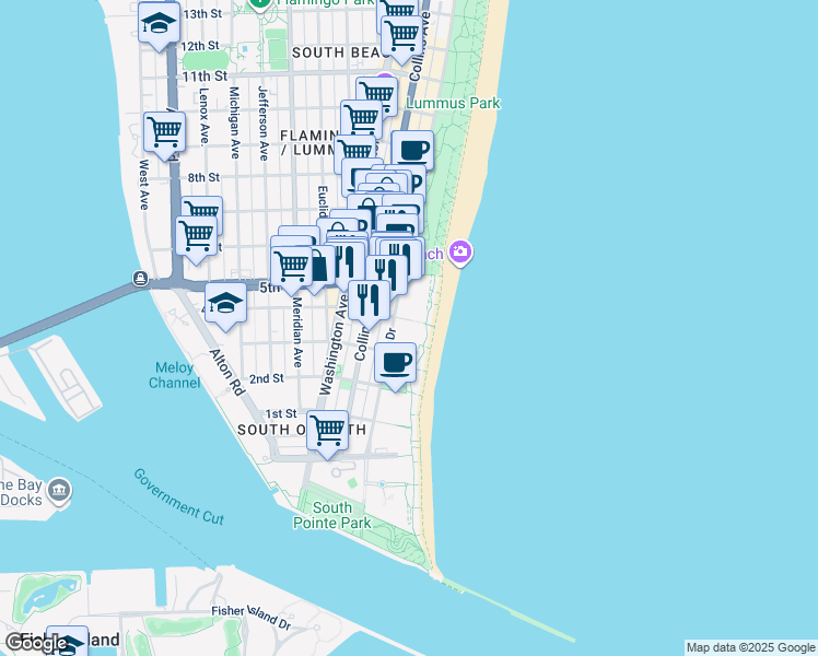map of restaurants, bars, coffee shops, grocery stores, and more near 345 Ocean Drive in Miami Beach