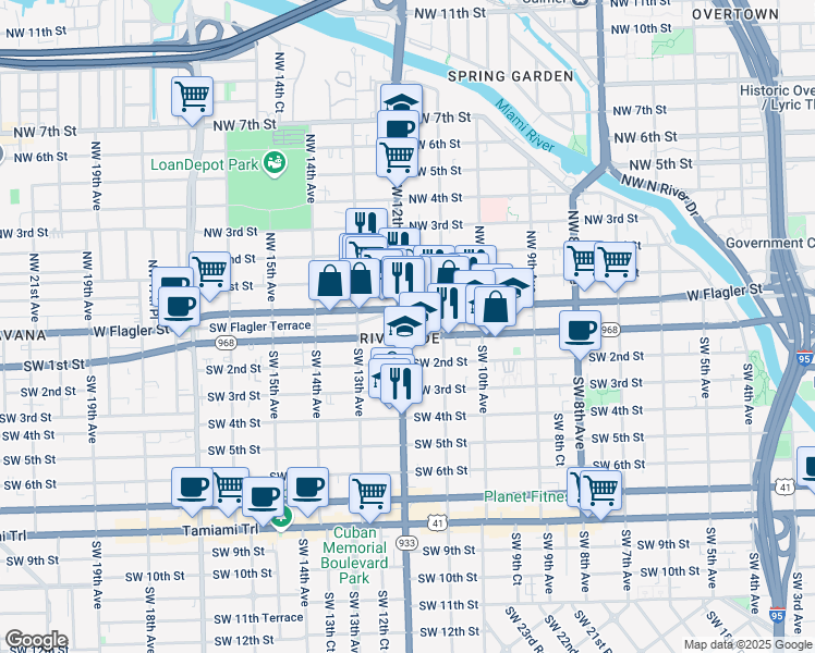 map of restaurants, bars, coffee shops, grocery stores, and more near 79 Southwest 12th Avenue in Miami