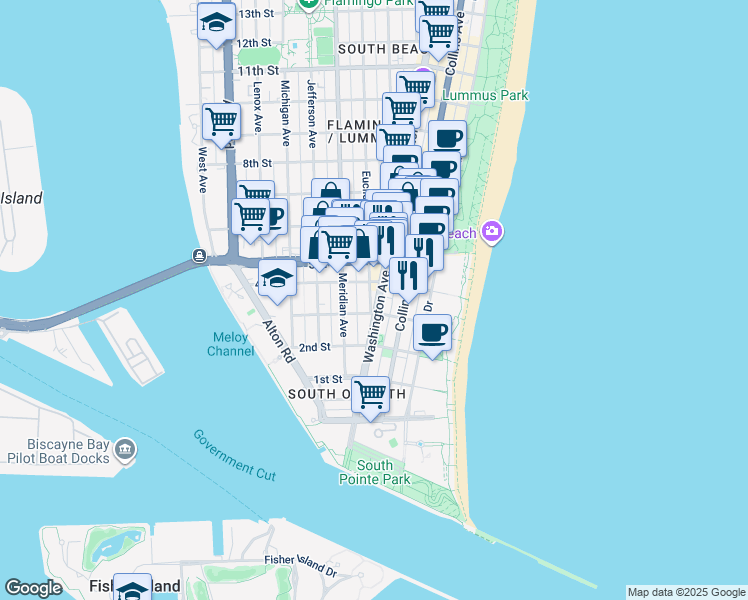 map of restaurants, bars, coffee shops, grocery stores, and more near in Miami Beach
