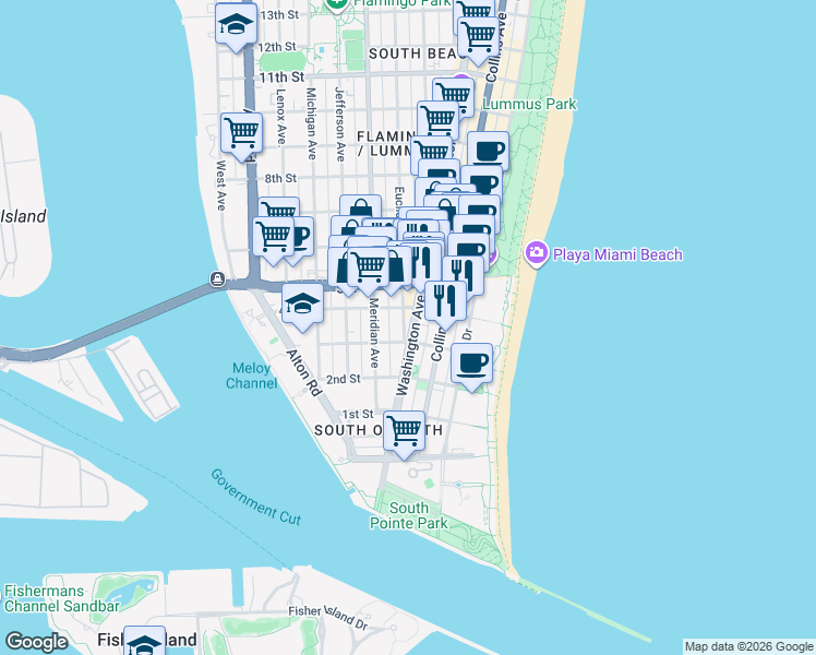 map of restaurants, bars, coffee shops, grocery stores, and more near in Miami Beach