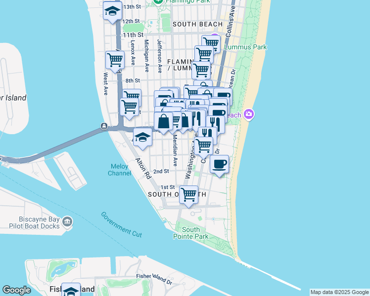 map of restaurants, bars, coffee shops, grocery stores, and more near in Miami Beach