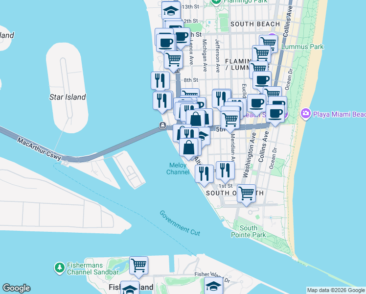map of restaurants, bars, coffee shops, grocery stores, and more near 400 Alton Road in Miami Beach