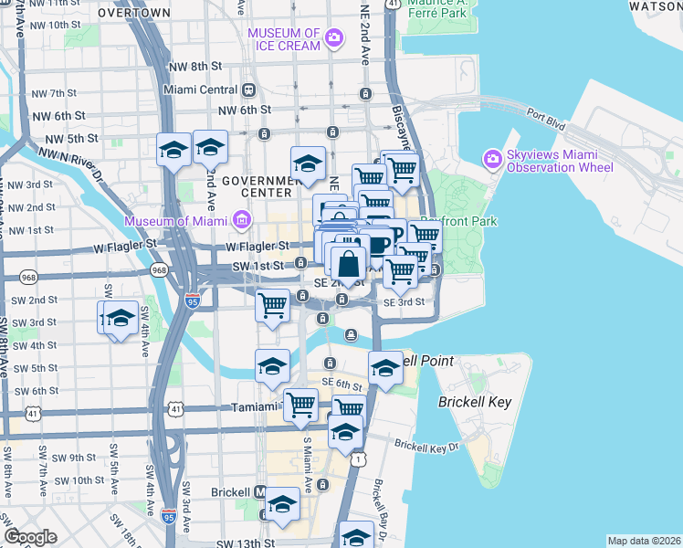 map of restaurants, bars, coffee shops, grocery stores, and more near 100 Southeast 2nd Street in Miami