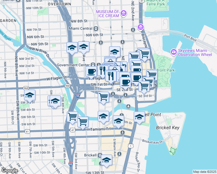 map of restaurants, bars, coffee shops, grocery stores, and more near in Miami