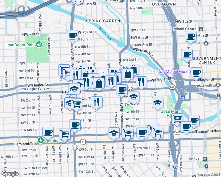 map of restaurants, bars, coffee shops, grocery stores, and more near 905 Southwest 1st Street in Miami